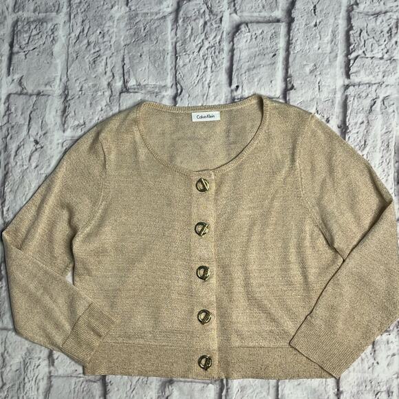 Calvin Klein gold metallic button-down crop cardigan size large - Picture 7 of 10